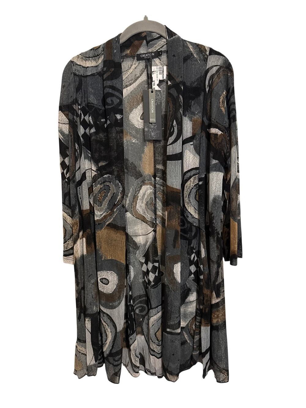 Creation Kimono Gray Black 3/4 Sleeve Open Front Semi Sheer Duster Layers Size L